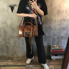 Vintage Women Brown Leather Boston Handbags Leather Boston Shoulder Bags Purses with Tassels