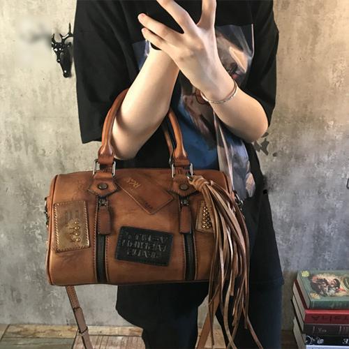 Vintage Women Brown Leather Boston Handbags Leather Boston Shoulder Bags Purses DD534501029