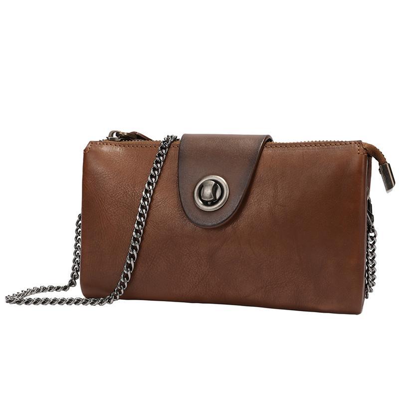 Brown Womens Small Leather Mini Chain shoulder Bag Vintage Cross body Bag Side Bag for Ladies