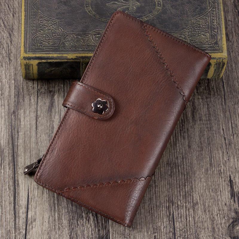 Vintage Leather Womens Coffee Long Clutch Wallet Brown Bifold Purse Long Wallet for Ladies
