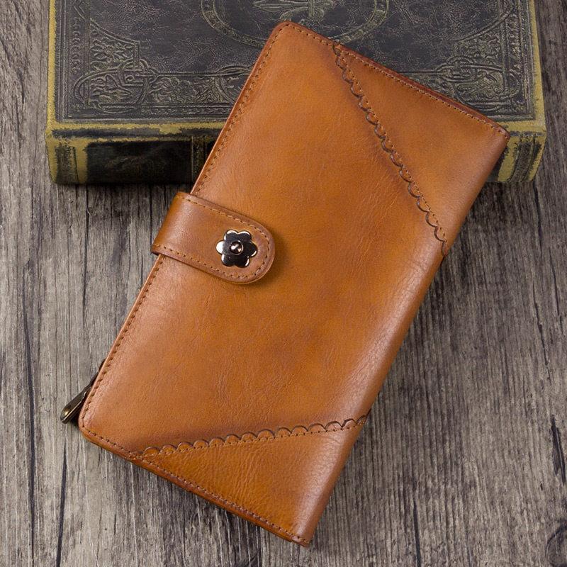 Brown Womens Vintage Leather Blue Bifold Long Wallet Womens Purple Clutch Wallet for Ladies