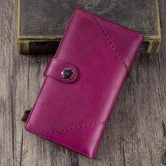 Vintage Leather Womens Purple Long Clutch Wallet Brown Bifold Purse Long Wallet for Ladies