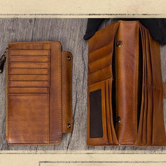 Vintage Leather Womens Blue Long Clutch Wallet Brown Bifold Purse Long Wallet for Ladies
