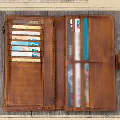 Vintage Leather Womens Blue Long Clutch Wallet Brown Bifold Purse Long Wallet for Ladies
