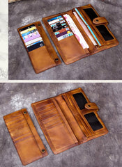 Coffee Vintage Mens Leather Bifold Long Wallet Brown Phone Clutch Purse for Men
