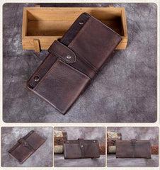 Coffee Vintage Mens Leather Bifold Long Wallet Brown Phone Clutch Purse for Men