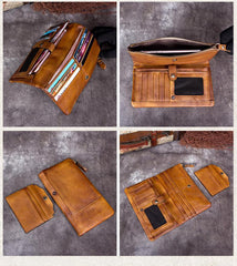 Cool Gray Mens Leather Bifold Long Wallet Vintage Coffee Long Multi Cards Wallet for Men