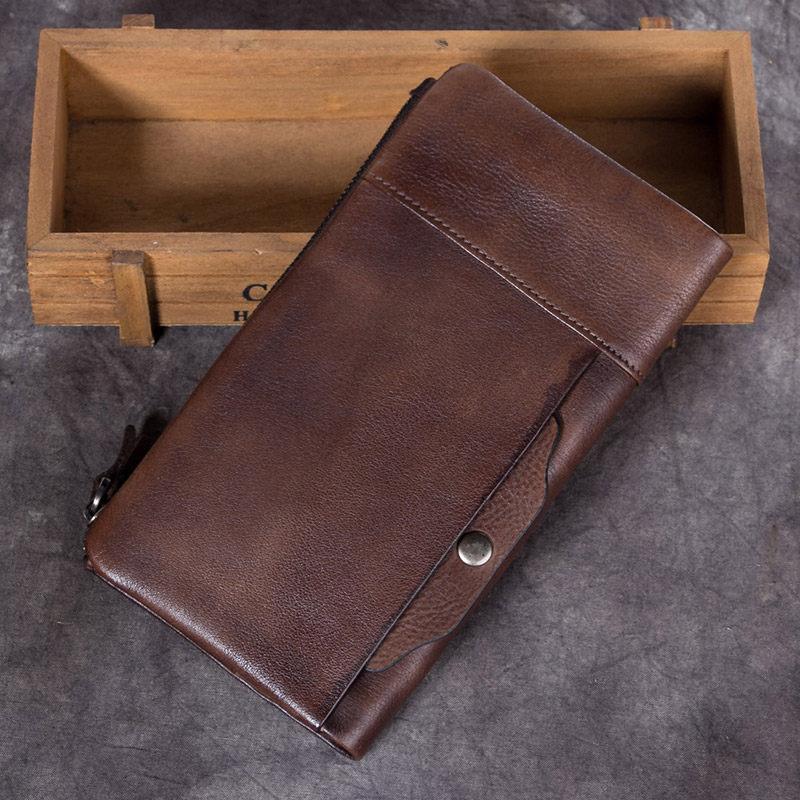 Cool Coffee Mens Leather Bifold Long Wallet Vintage Brown Long Multi Cards Wallet for Men