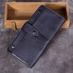Grey Vintage Mens Leather Bifold Long Wallet Brown Phone Clutch Purse for Men