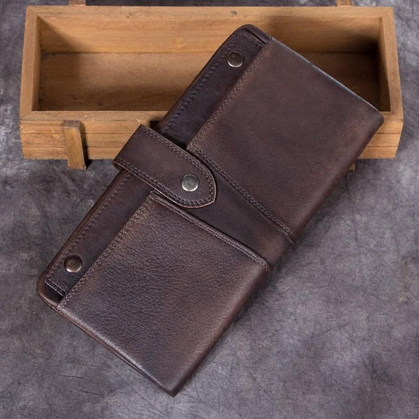 Grey Vintage Mens Leather Bifold Long Wallet Brown Phone Clutch Purse for Men SM8198647