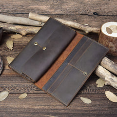 Vintage Leather Long Wallet for Men Bifold Coffee Wallet