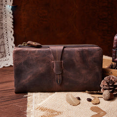 Vintage Leather Long Wallet for Men Bifold Coffee Wallet