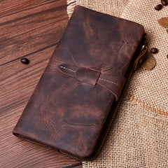 Vintage Leather Long Wallet for Men Bifold Coffee Wallet