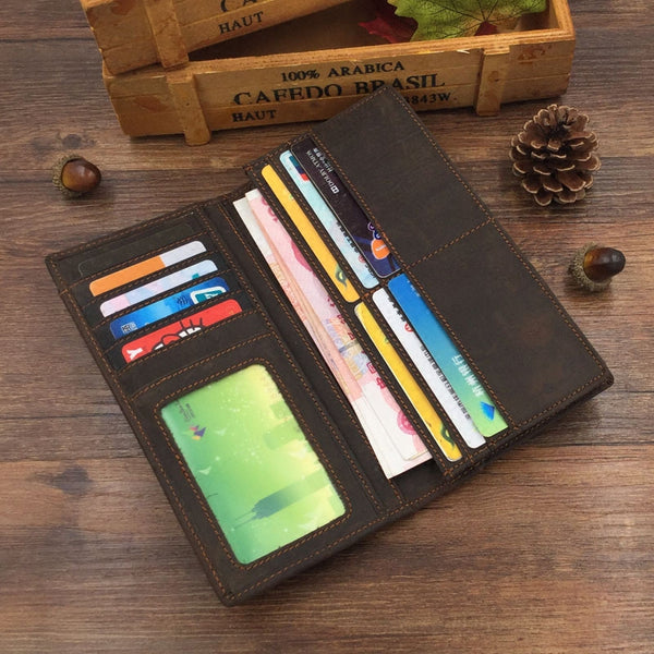 Vintage Leather Long Wallet for Men Bifold Coffee Wallet