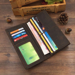 Vintage Leather Long Wallet for Men Bifold Coffee Wallet