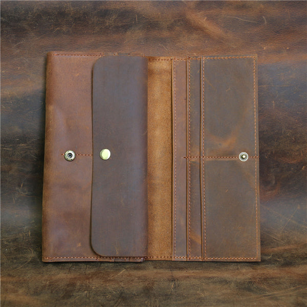 Vintage Leather Long Wallet for Men Bifold Coffee Wallet