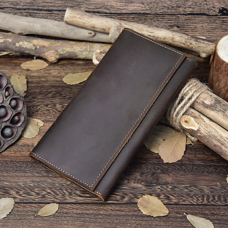 Vintage Leather Long Wallet for Men Bifold Coffee Wallet