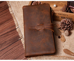Vintage Leather Long Wallet for Men Bifold Coffee Wallet