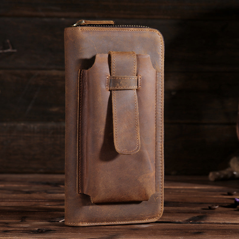 Vintage Leather Long Wallet for Men Bifold Zipper Wallet