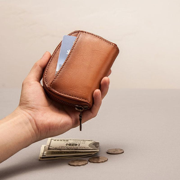 Vintage Leather Mens Small Wallet Zipper Card billfold Coin Wallet for Men