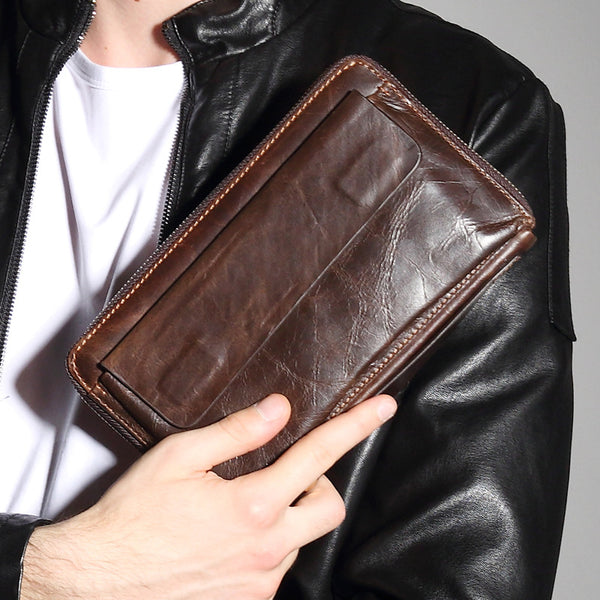 Vintage Leather Mens Wristlet Wallet Long Clutch Wallet for Men