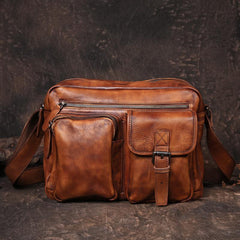 Mens Vintage Leather Messenger Bag Coffee Side Shoulder Bag Courier Bag Postman Bag for Men