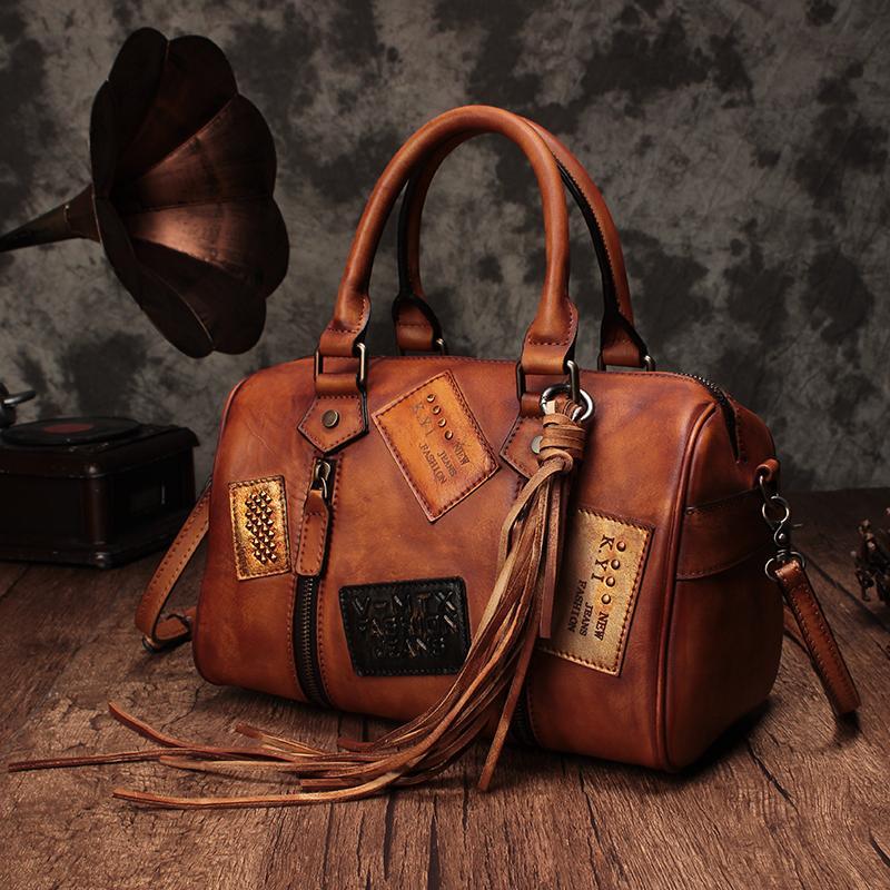 Vintage Women Brown Leather Boston Handbags Leather Boston Shoulder Bags Purses with Tassels