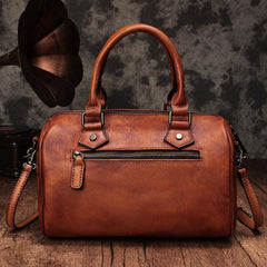 Vintage Women Brown Leather Boston Handbags Leather Boston Shoulder Bags Purses with Tassels