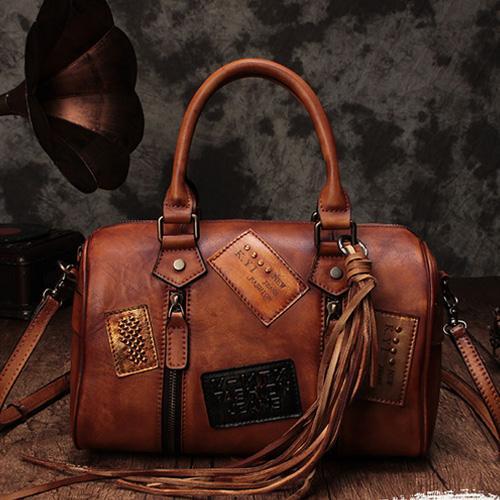 Vintage Women Brown Leather Boston Handbags Leather Boston Shoulder Bags Purses with Tassels