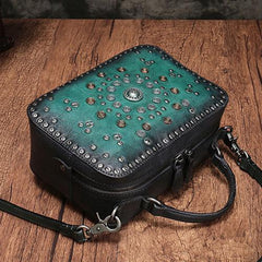 Vintage Womens Brown Leather Handbag Purse Cube Rivet Shoulder Handbag Crossbody Bags