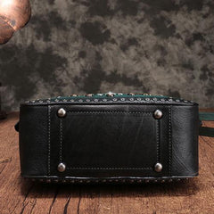 Vintage Womens Green Leather Handbag Purse Cube Rivet Shoulder Handbag Crossbody Bags