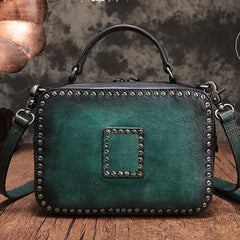 Vintage Womens Brown Leather Handbag Purse Cube Rivet Shoulder Handbag Crossbody Bags