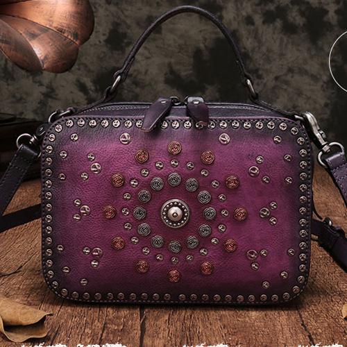 Vintage Womens Purple Leather Handbag Purse Cube Rivet Shoulder Handbag Crossbody Bags