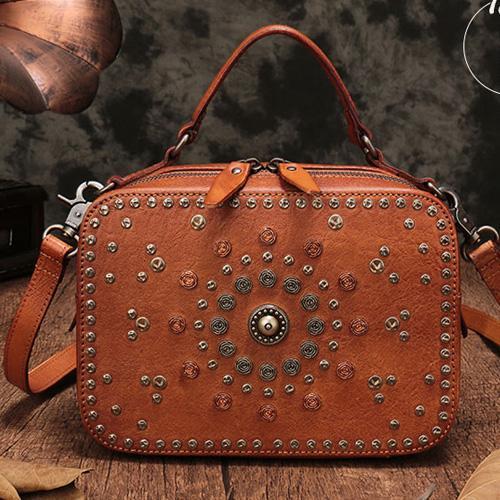 Vintage Womens Brown Leather Handbag Purse Cube Rivet Shoulder Handbag Crossbody DD539901022