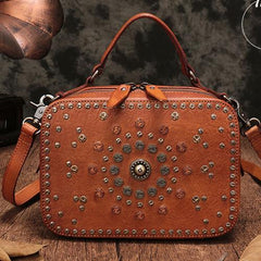 Vintage Womens Brown Leather Handbag Purse Cube Rivet Shoulder Handbag Crossbody Bags