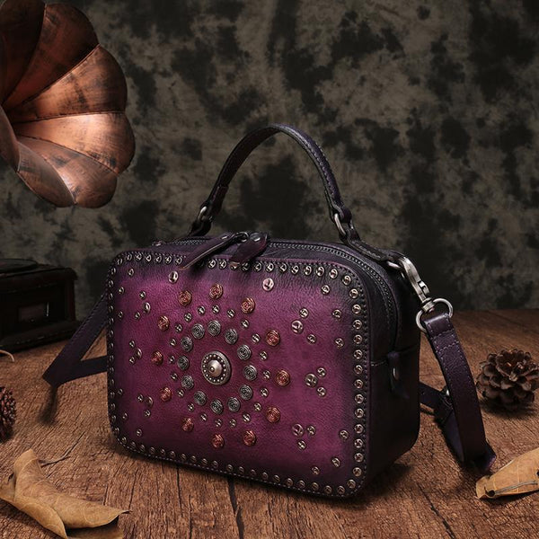 Vintage Womens Purple Leather Handbag Purse Cube Rivet Shoulder Handbag Crossbod DD539901022