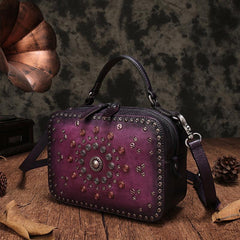 Vintage Womens Purple Leather Handbag Purse Cube Rivet Shoulder Handbag Crossbody Bags