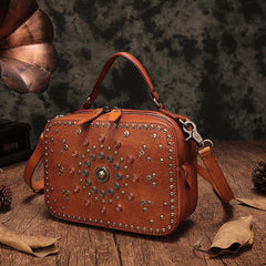 Vintage Womens Brown Leather Handbag Purse Cube Rivet Shoulder Handbag Crossbody Bags