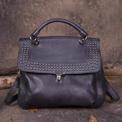 Gray Vintage Leather Purse Handmade Rivet Satchel Handbag Shoulder Bags Crossbody Purses