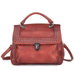 Gray Vintage Leather Purse Handmade Rivet Satchel Handbag Shoulder Bags Crossbody Purses