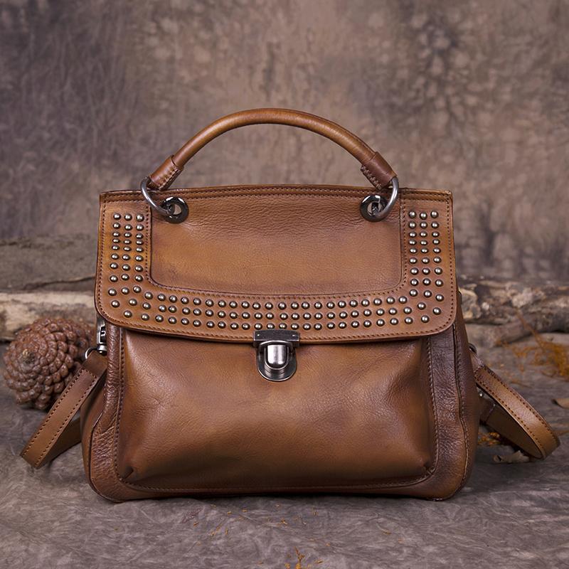 Brown Vintage Leather Purse Handmade Rivet Satchel Handbag Shoulder Bags Crossbody Purses