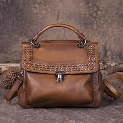 Gray Vintage Leather Purse Handmade Rivet Satchel Handbag Shoulder Bags Crossbody Purses