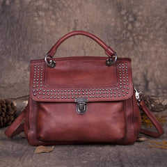 Gray Vintage Leather Purse Handmade Rivet Satchel Handbag Shoulder Bags Crossbody Purses
