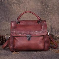Brown Vintage Leather Purse Handmade Rivet Satchel Handbag Shoulder Bags Crossbody Purses