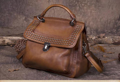 Gray Vintage Leather Purse Handmade Rivet Satchel Handbag Shoulder Bags Crossbody Purses