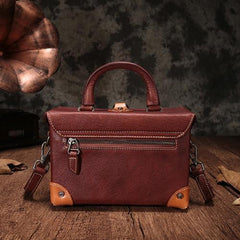 Vintage Women Red Brown Leather Doctor Purse Box Satchel Handbag Shoulder Crossbody Bags Purses