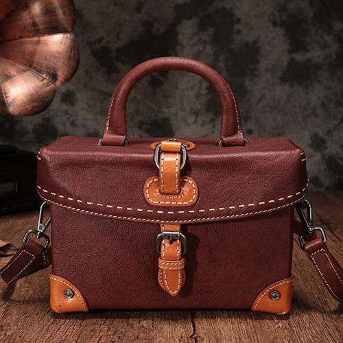 Vintage Women Red Brown Leather Doctor Purse Box Satchel Handbag Shoulder Crossbody Bags Purses