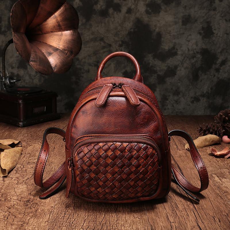 Brown Cute Leather Womens Backpacks Small Braided Leather Backpack Trendy Backpacks for Ladies