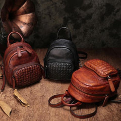 Brown Cute Leather Womens Backpacks Small Braided Leather Backpack Trendy Backpacks for Ladies