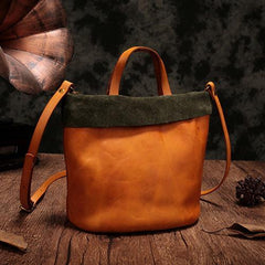 Vintage WOmens Green Leather Small Tote Bucket Bag Brown Small Tote Handbags Purse for Ladies